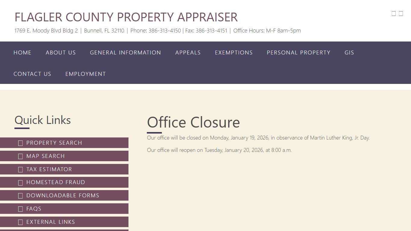 Office Closure – Flagler County Property Appraiser